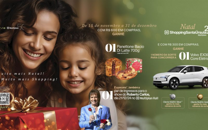 Campanha de Natal do ShoppingSantaÚrsula sorteia Volvo EX30 Core elétrico, ingressos para show do Roberto Carlos e presenteia com panetones