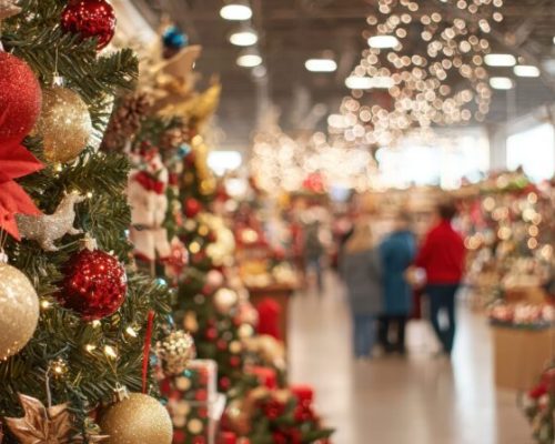 A festive gala atmosphere in a retail store showcasing Christmas discounts, colorful decorations, and shoppers enjoying the holiday spirit. --ar 16:9 --q 2