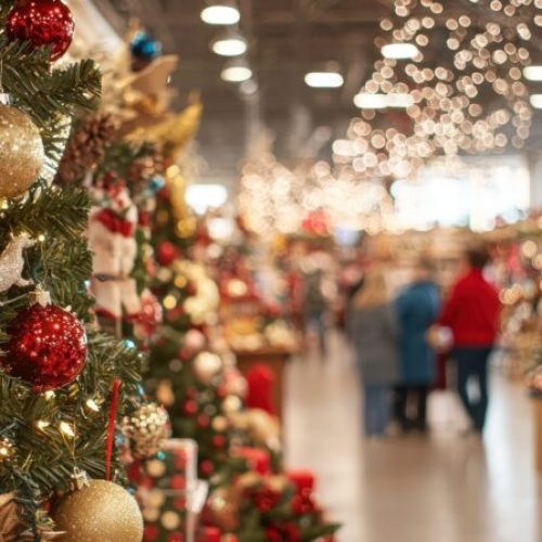A festive gala atmosphere in a retail store showcasing Christmas discounts, colorful decorations, and shoppers enjoying the holiday spirit. --ar 16:9 --q 2