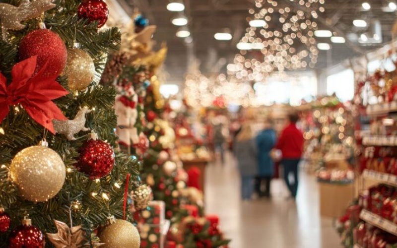 A festive gala atmosphere in a retail store showcasing Christmas discounts, colorful decorations, and shoppers enjoying the holiday spirit. --ar 16:9 --q 2