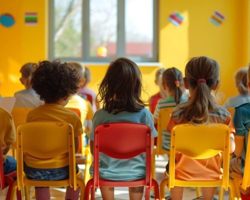 Lively back-to-school lesson with kids in a bright classroom