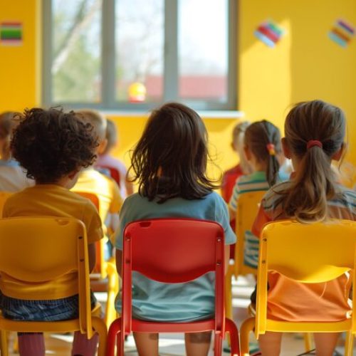 Lively back-to-school lesson with kids in a bright classroom