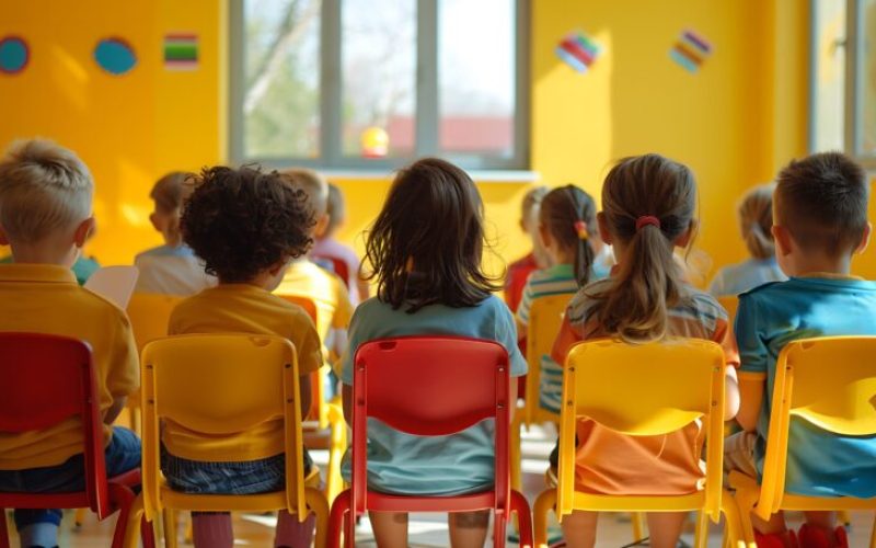 Lively back-to-school lesson with kids in a bright classroom