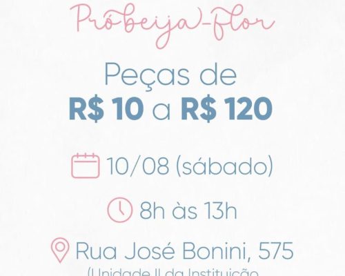 Projeto Beija-Flor realiza bazar neste sábado, dia 10 de agosto, em Sertãozinho
