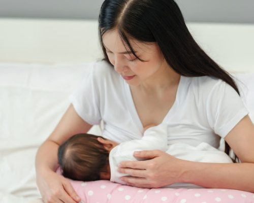 mother breastfeeding newborn baby on a support pillow cushion