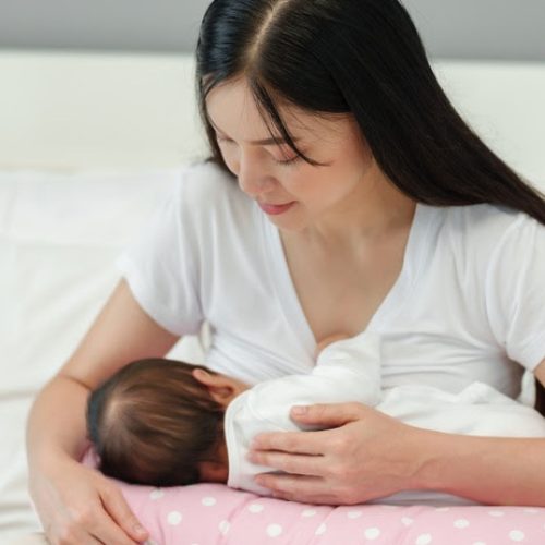 mother breastfeeding newborn baby on a support pillow cushion